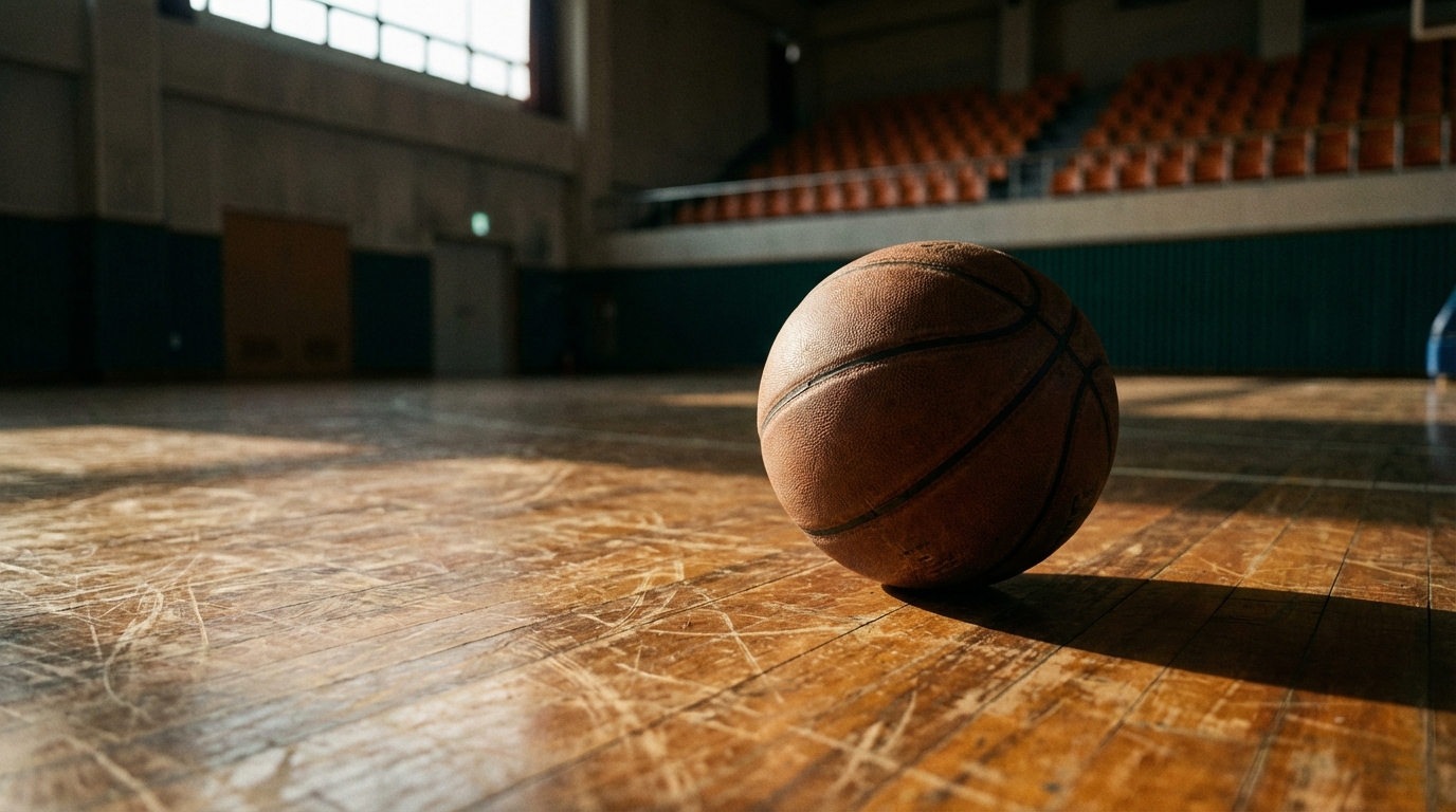 Single basketball resting near the sideline on a worn wooden court in soft late-afternoon light, evoking struggle and perseverance