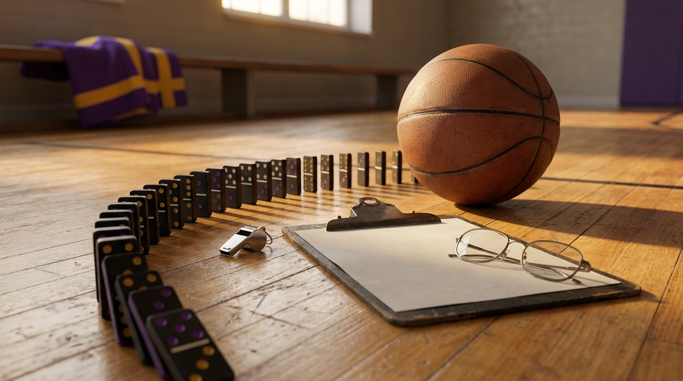 Coach clipboard, basketball and dominoes on hardwood
