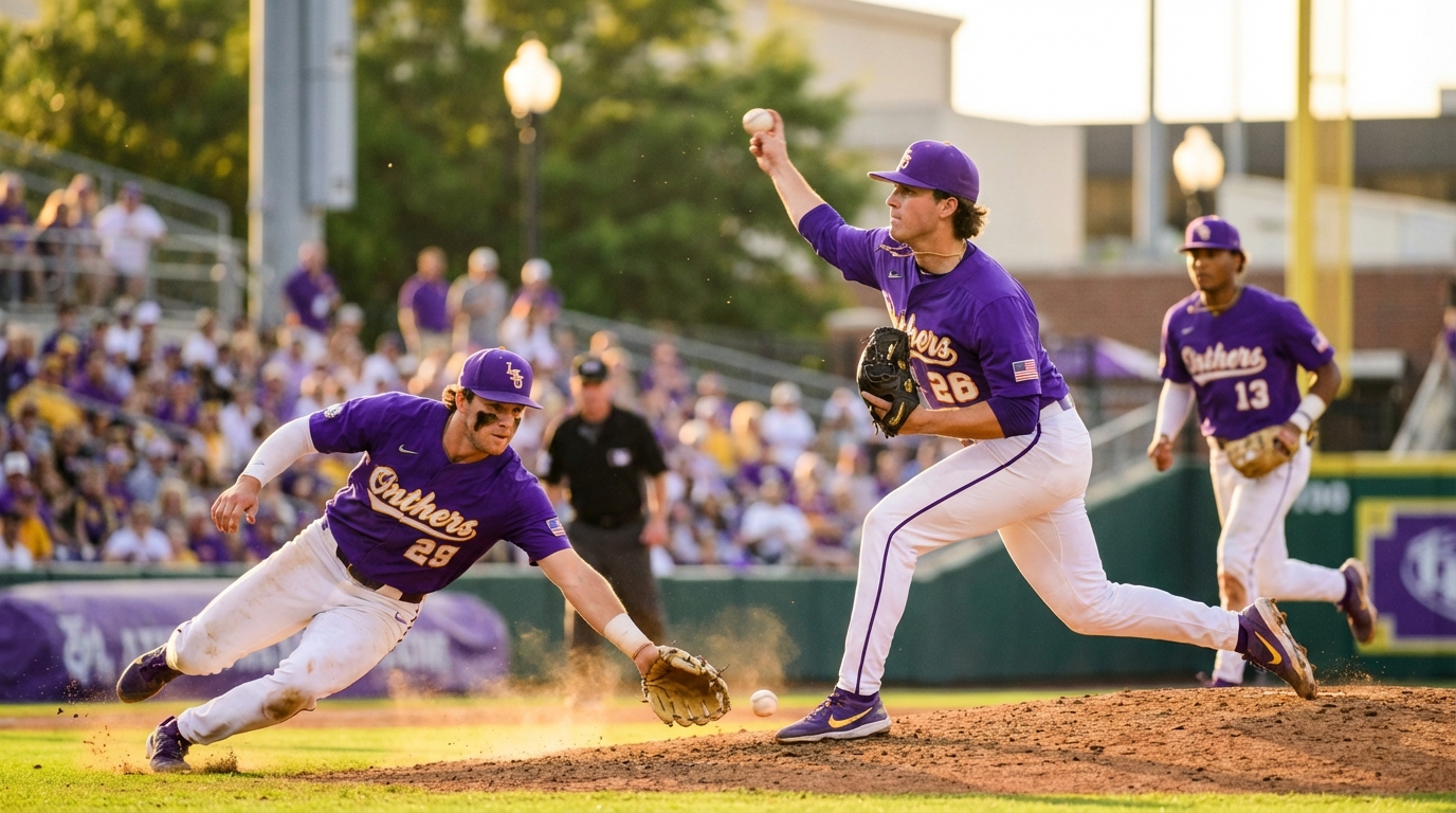 LSU defenders fielding and pitcher mid-delivery