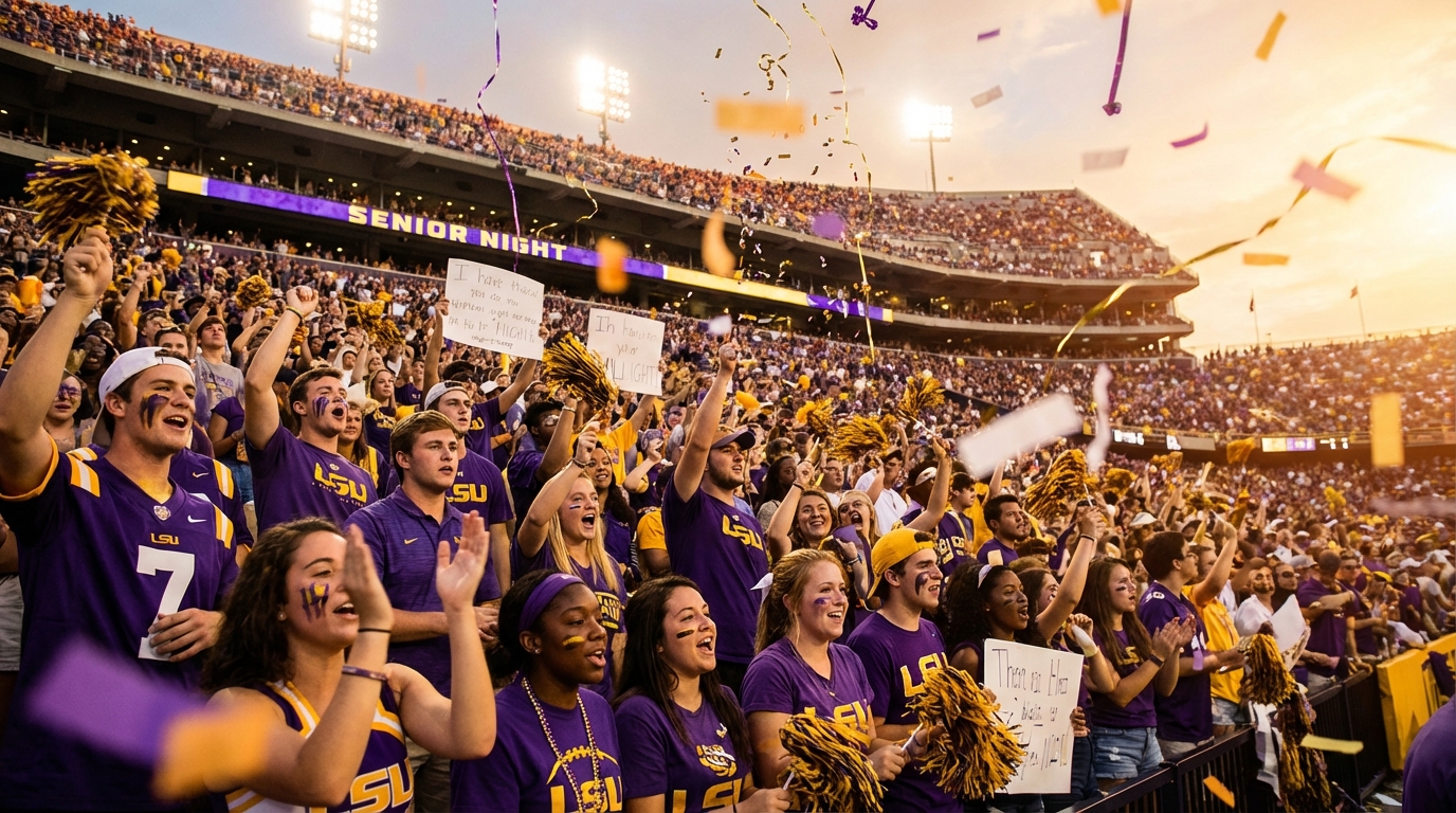 LSU fans cheering in a packed stadium during game day