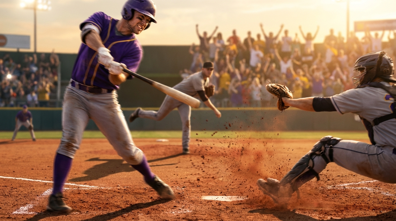 Dramatic baseball moment showing a late-game swing and dirt at home plate