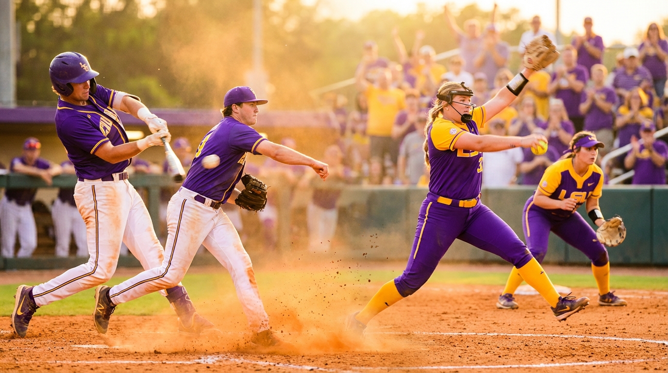 LSU baseball and softball players in action