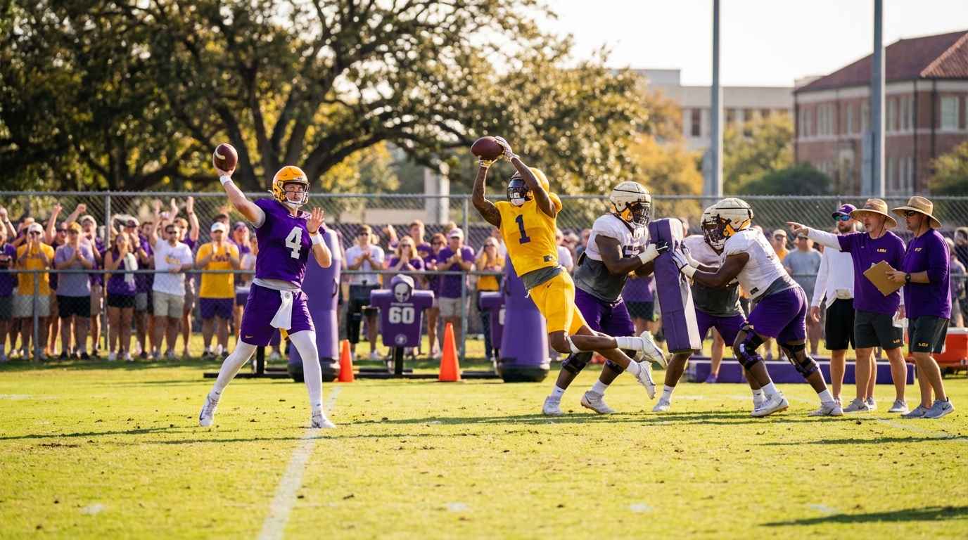 LSU Tigers spring practice players leaping and throwing