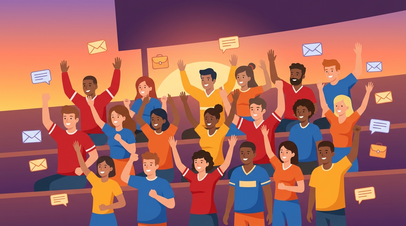 College football fans cheering with mail icons