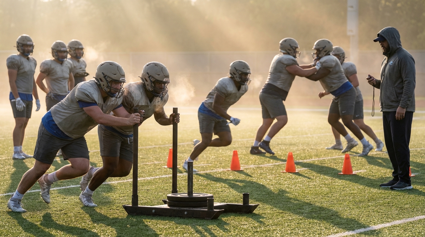 Michigan players in an intense early morning practice session performing conditioning drills and line work