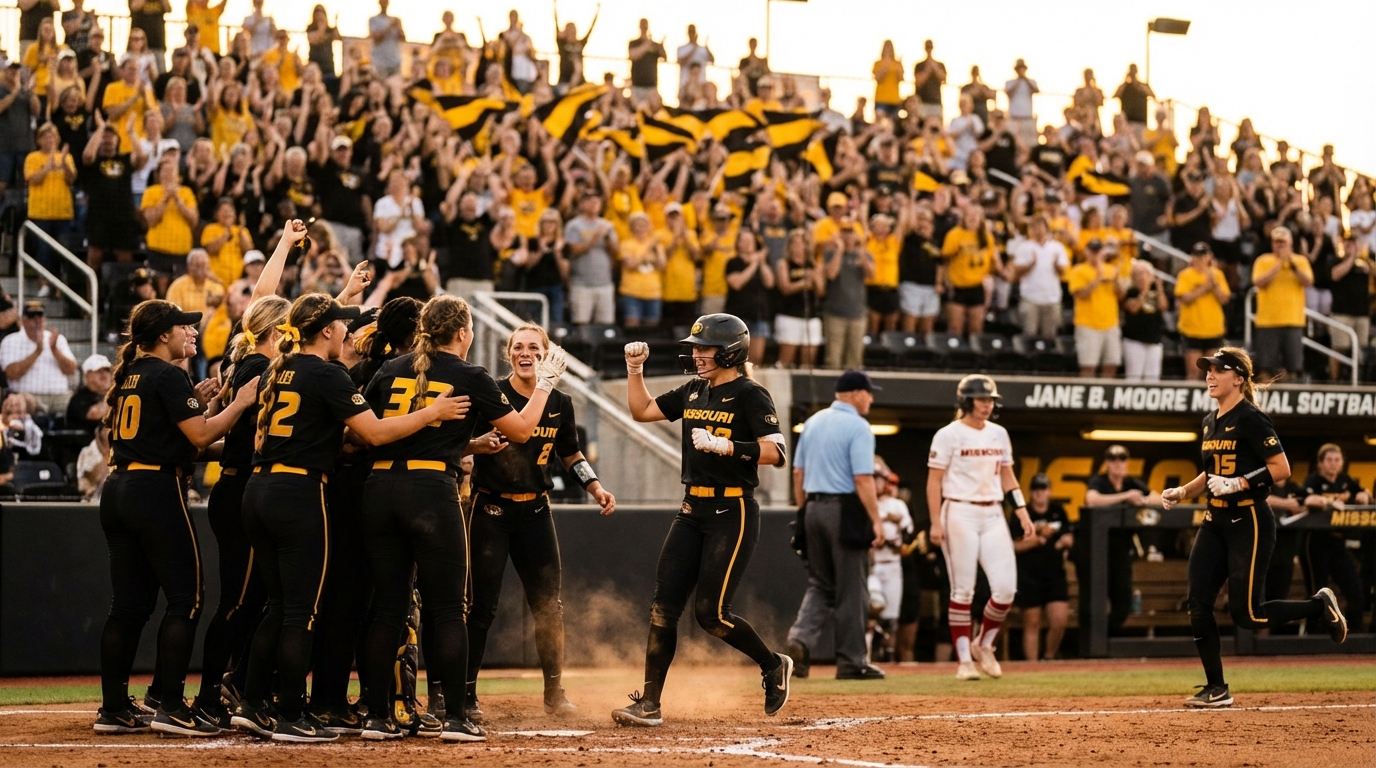Celebrating Missouri softball players rounding the bases with cheering fans under stadium lights at Jane B Moore Memorial Softball Complex