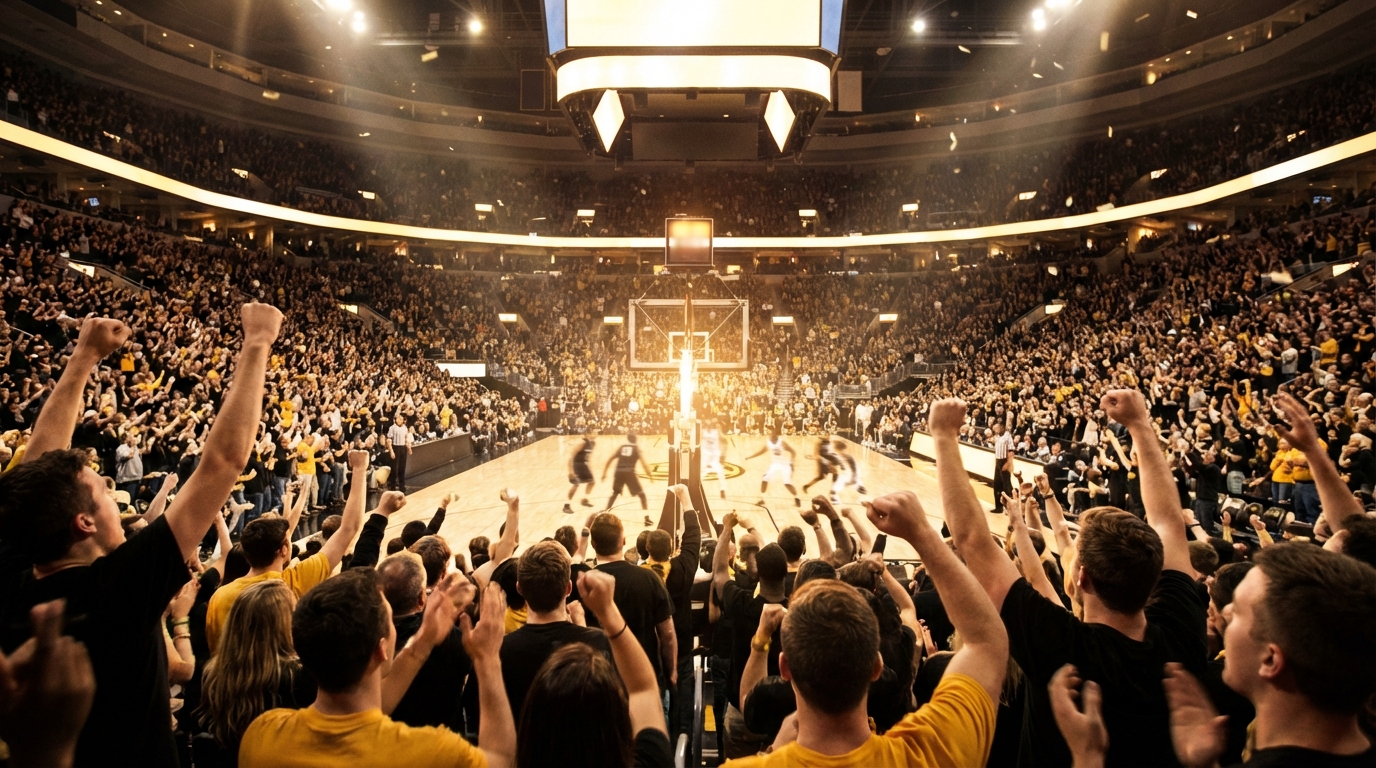 Packed crowd at Enterprise Center cheering MIZ ZOU during Missouri vs Miami NCAA Tournament first round, fans in black and gold with confetti and arena lights