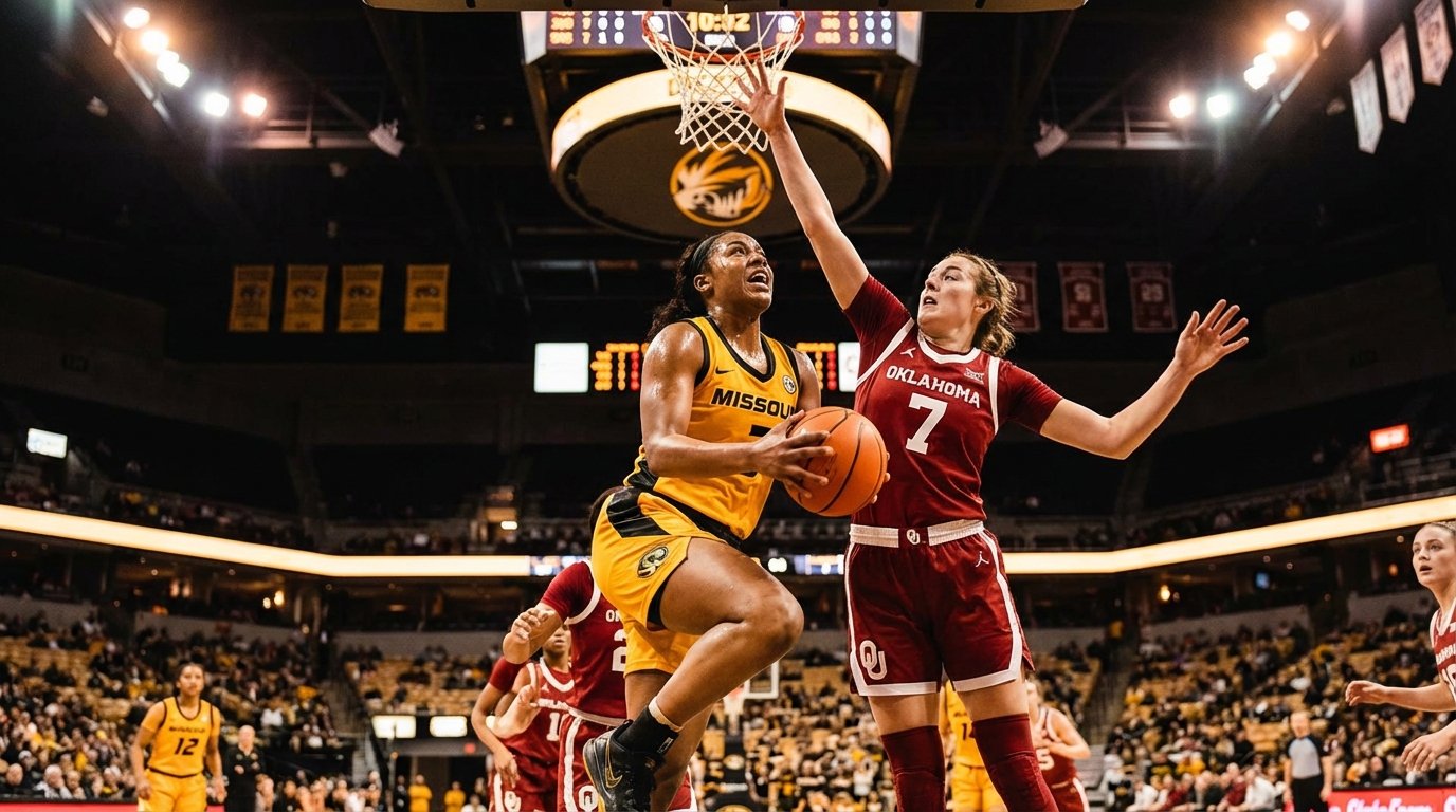 Mizzou player driving to the hoop, Oklahoma defender contesting; arena lighting and crowd in motion