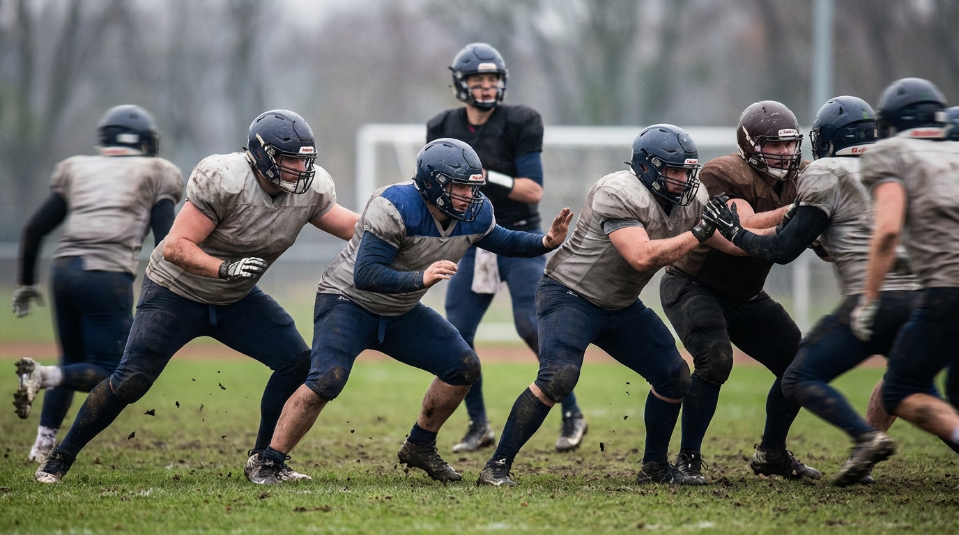 American football offensive line blocking in action
