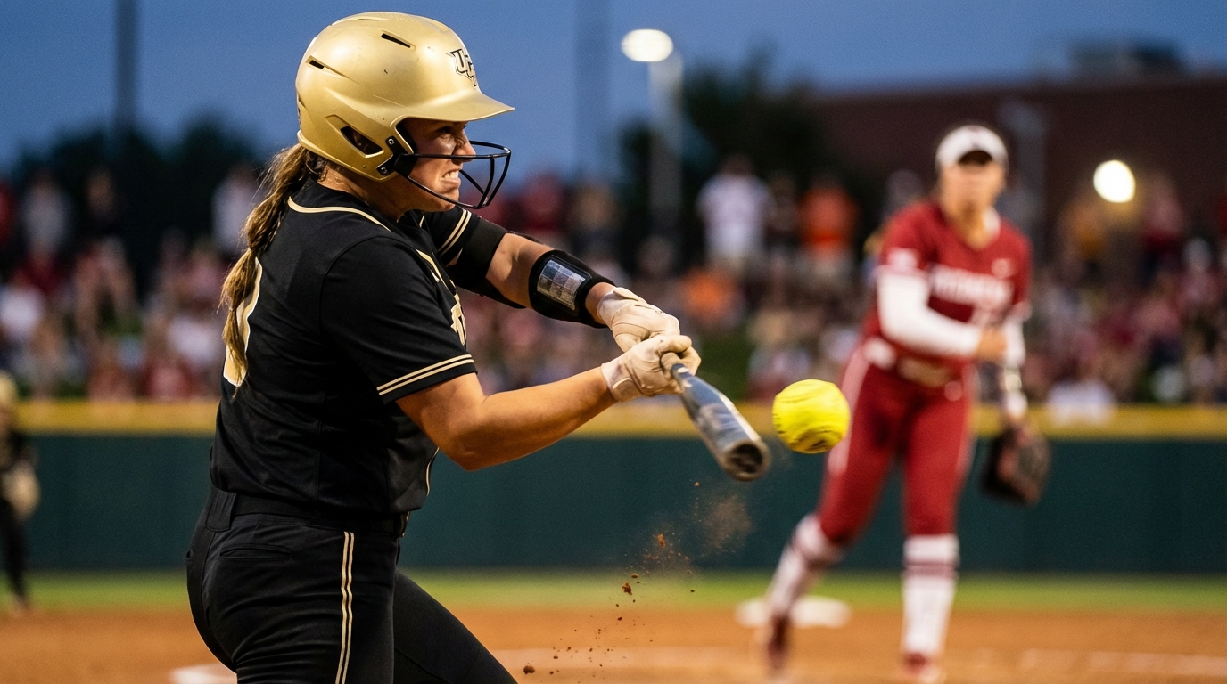 Batter mid-swing at contact, dusk-lit, Mizzou colors