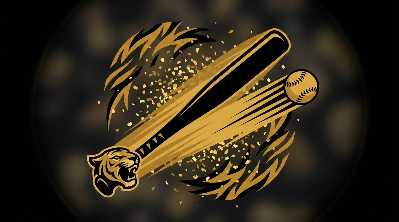 Softball bat and ball in motion with black and gold tiger motif evoking Mizzou Softball momentum