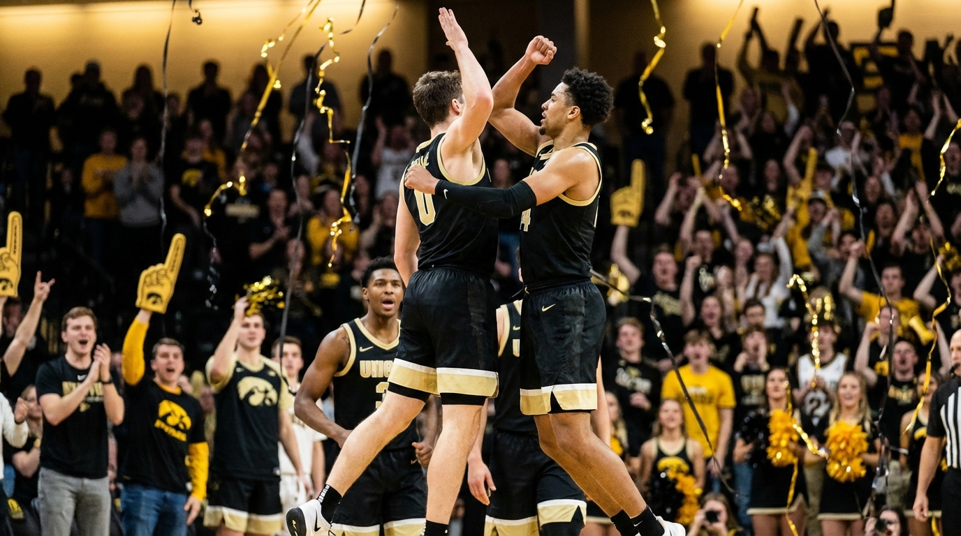 Missouri Tigers celebrating on court with fans cheering