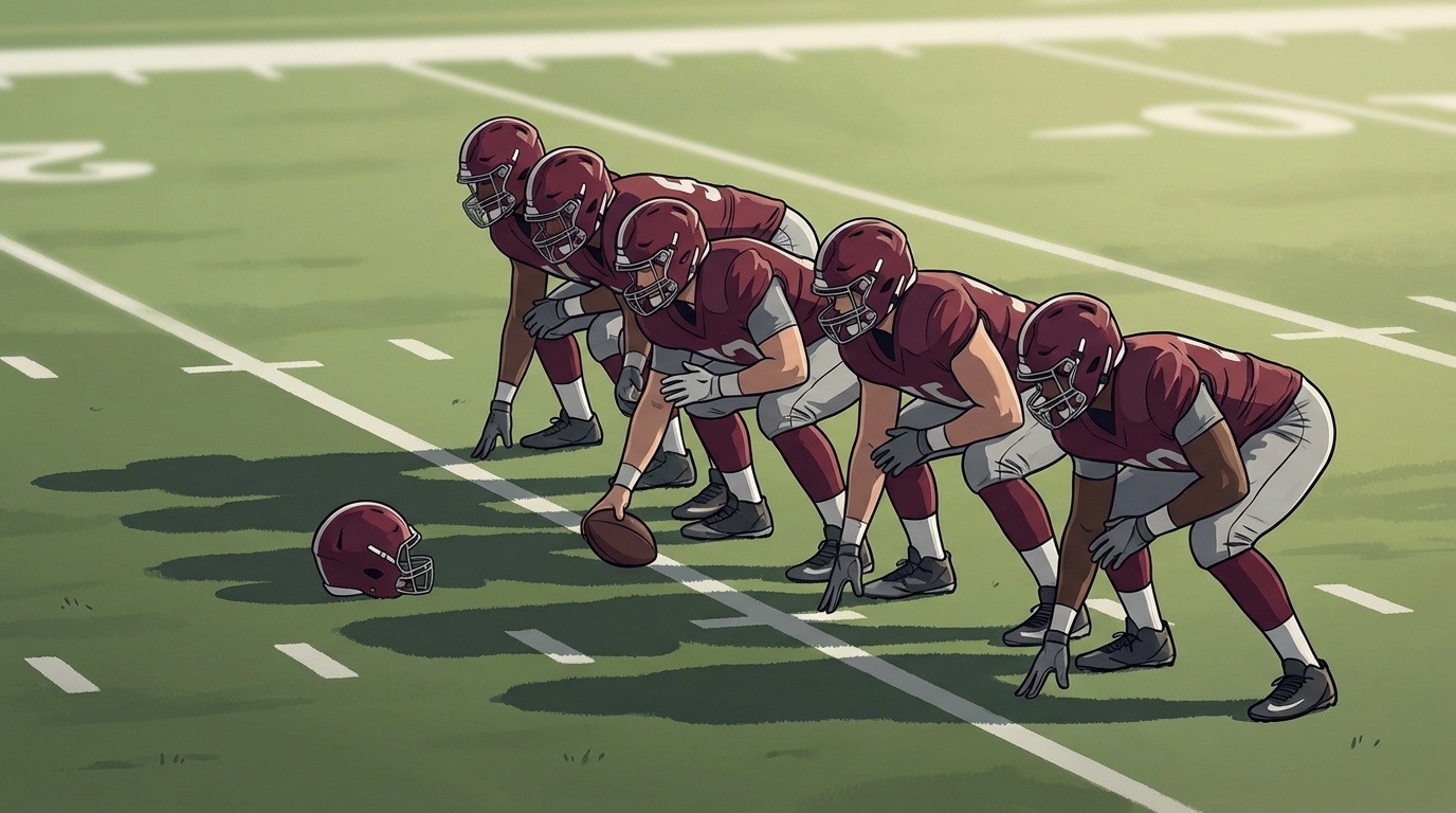 Football line of scrimmage with an empty helmet at left tackle to symbolize Brandon Sneh ineligible 2026 Mississippi State offensive line