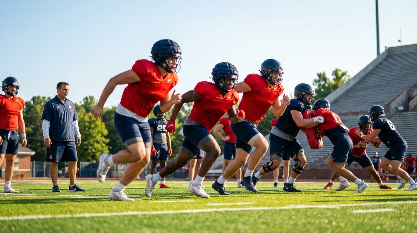 Ole Miss players practicing on a bright spring day