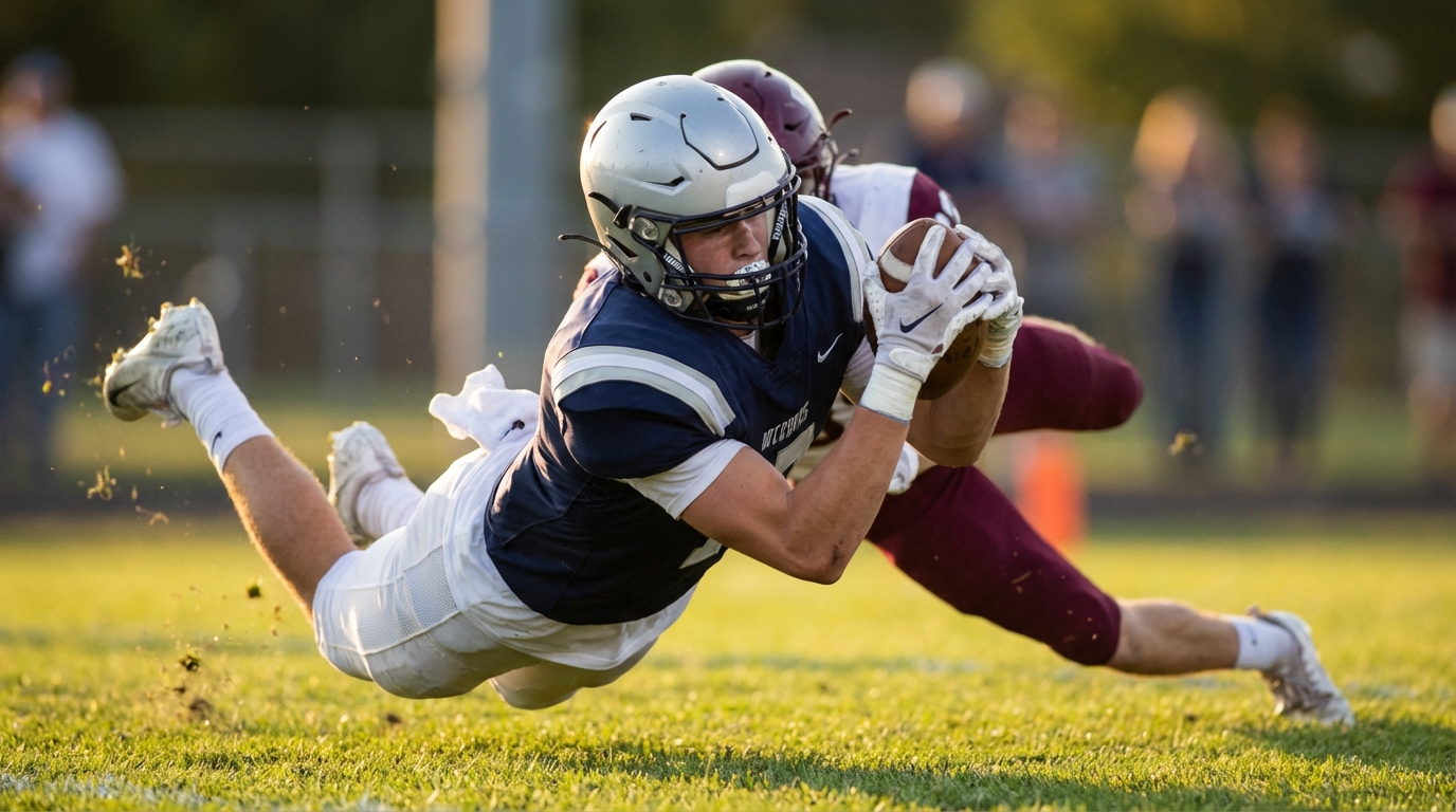 Action shot of a high school wide receiver making a contested catch