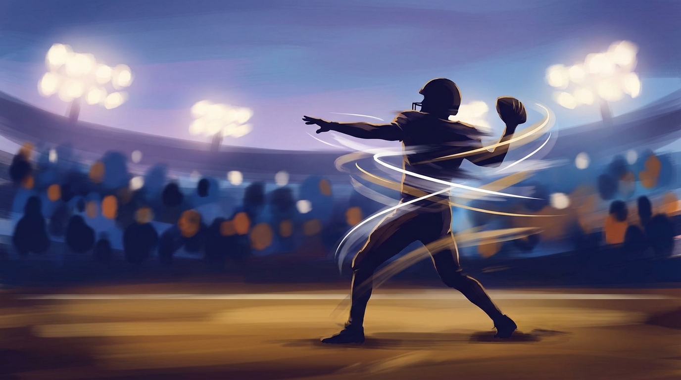 Quarterback throwing a pass in a stadium at dusk