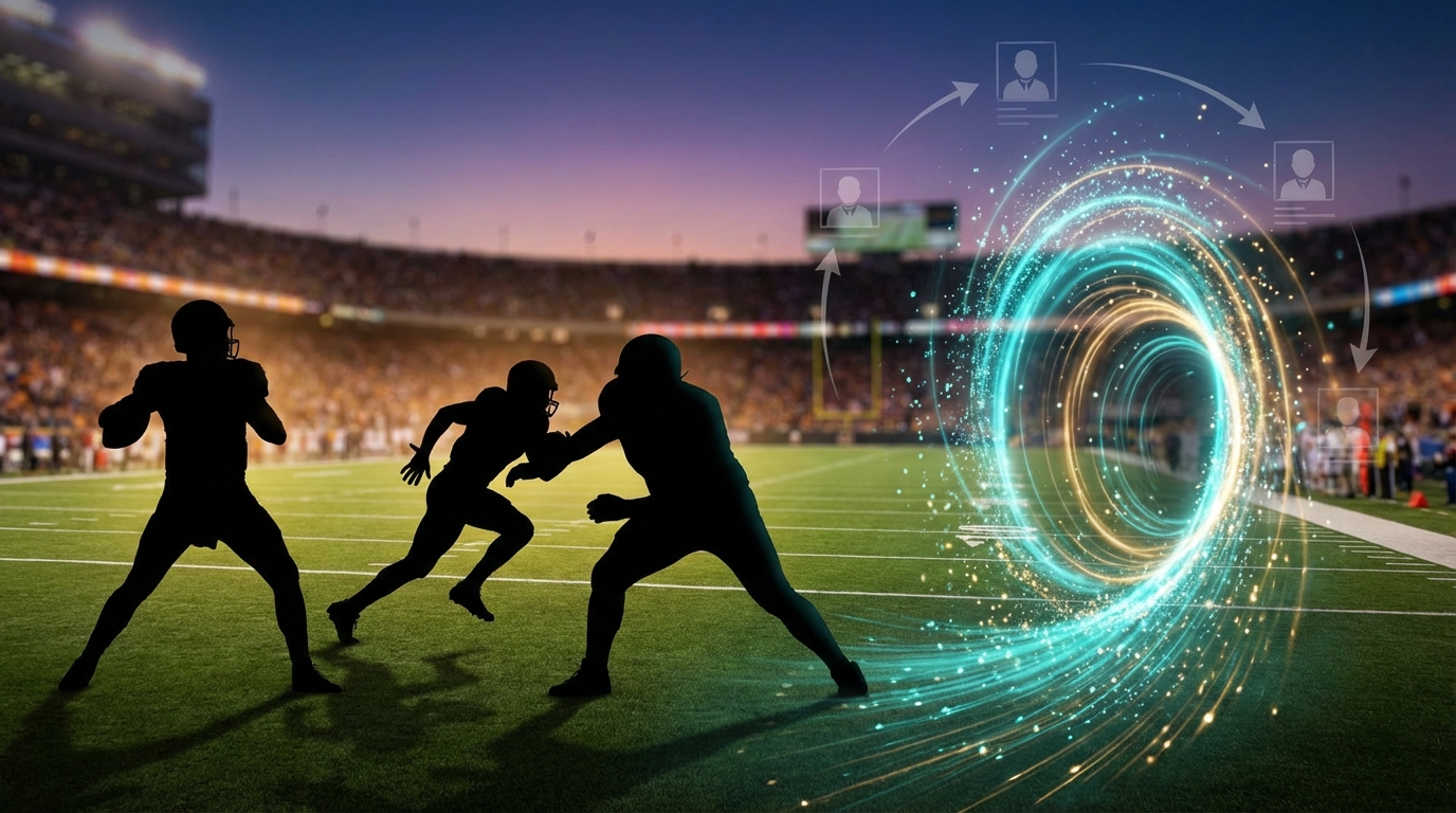 Players and portal effect on a football field