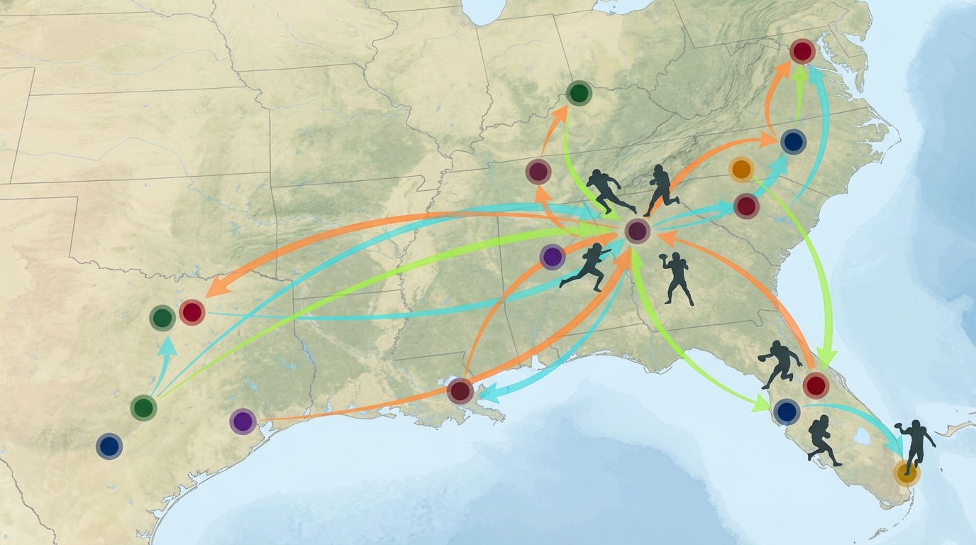 A stylized aerial map of the southeastern United States showing nodes and flowing curved lines representing transfer movement