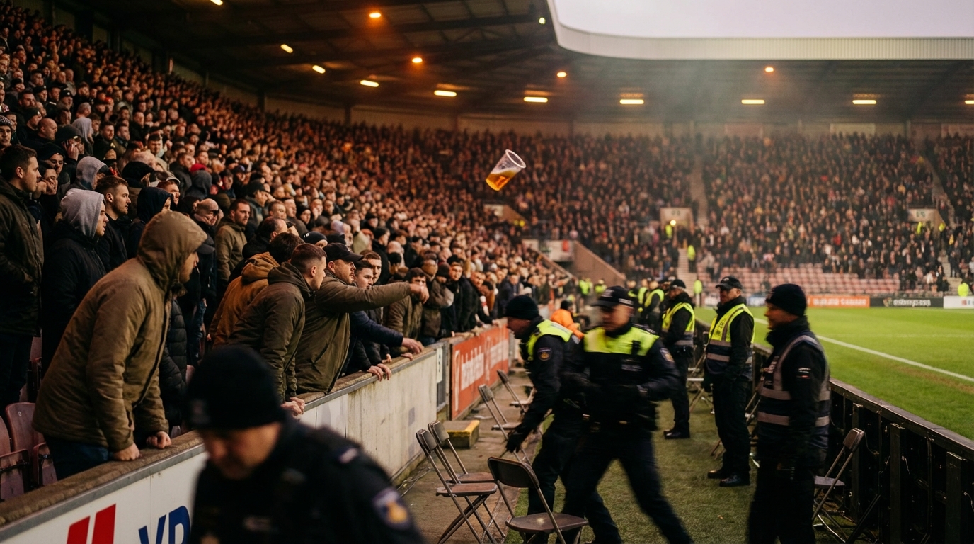 Tense stadium crowd scene with a plastic beer cup mid-air and security moving through the lower bowl