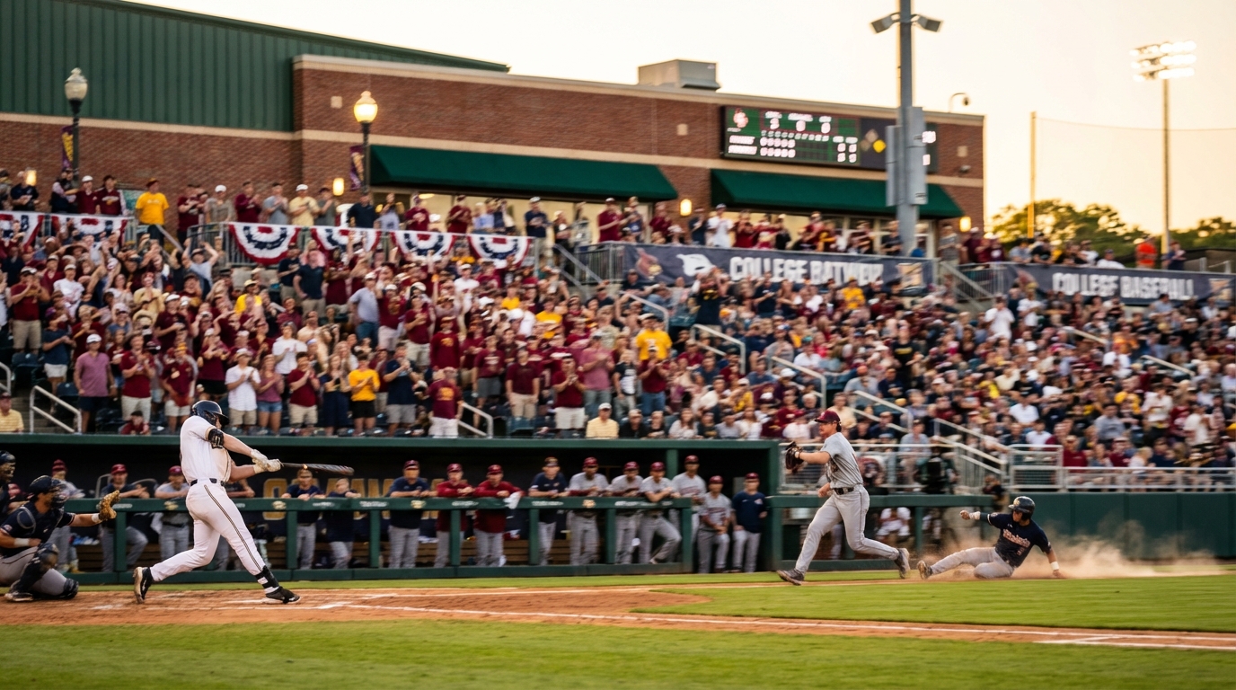 College baseball game atmosphere with batter swinging, pitcher delivering, sliding runner and energetic crowd at dusk