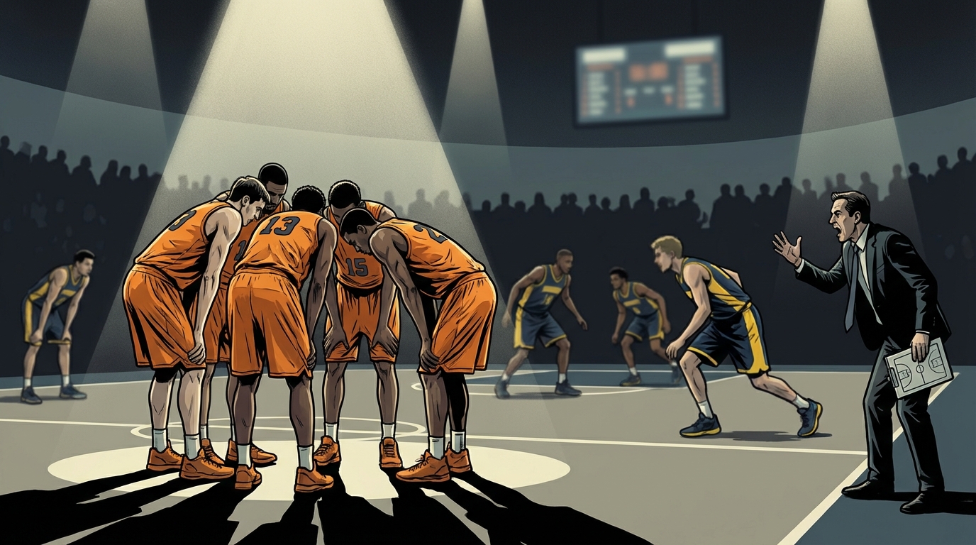 Tense halftime basketball scene with players in orange and maize under dramatic lights