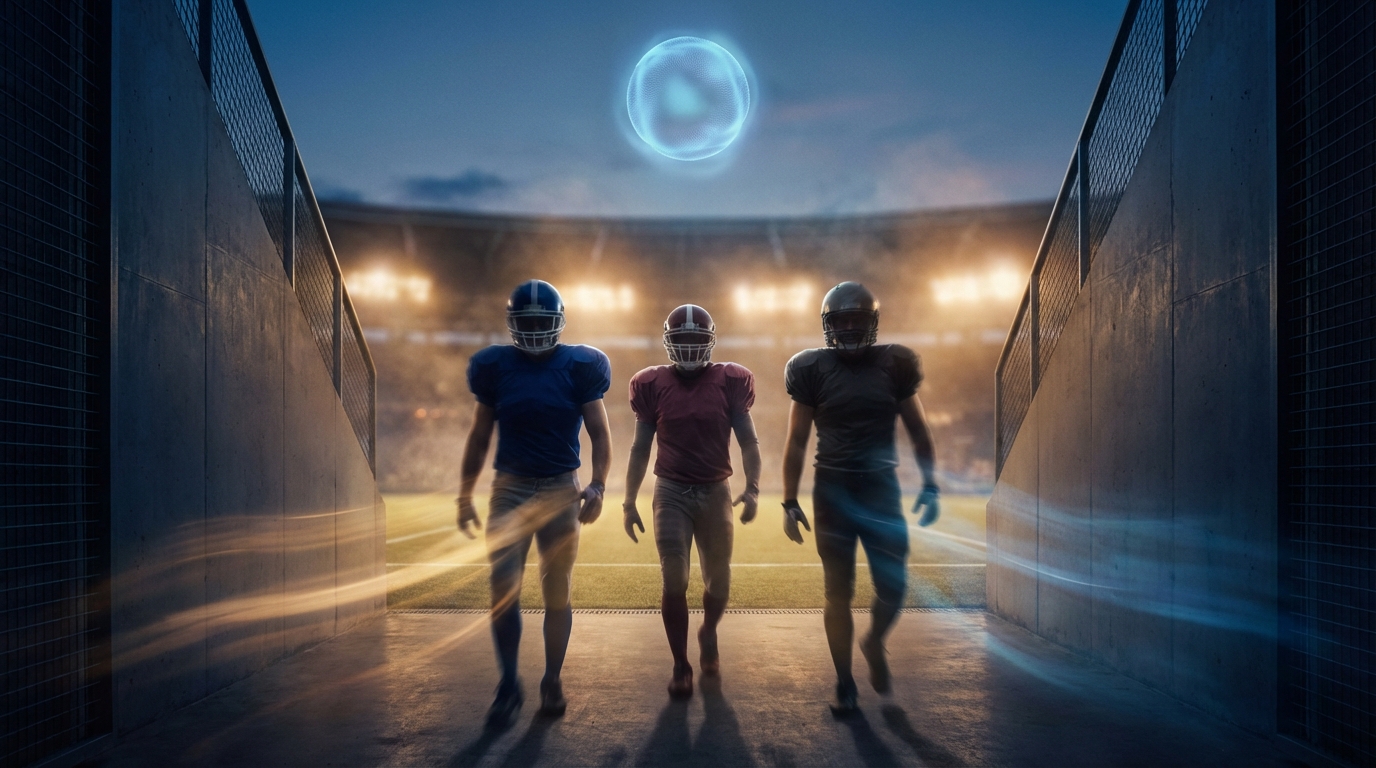Three football players walk through a tunnel toward a stadium, motion blur and a glowing portal above the walkway