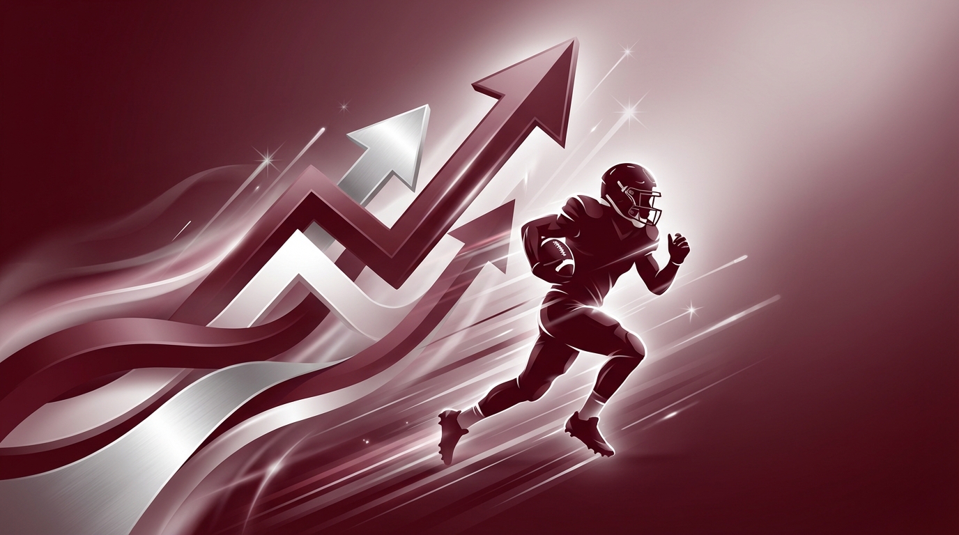 Silhouette of a Texas A&M football player running with abstract maroon and white ascending ribbons symbolizing rankings and projections for 2026