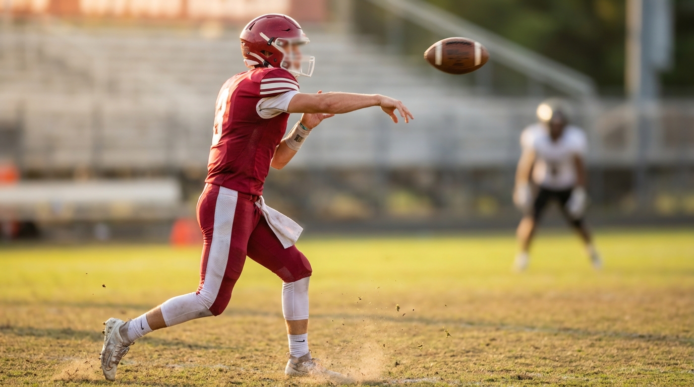Young quarterback winding up for a powerful throw