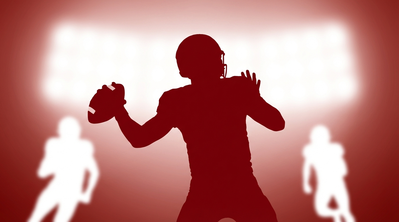 Ty Simpson silhouette throwing football in Alabama colors