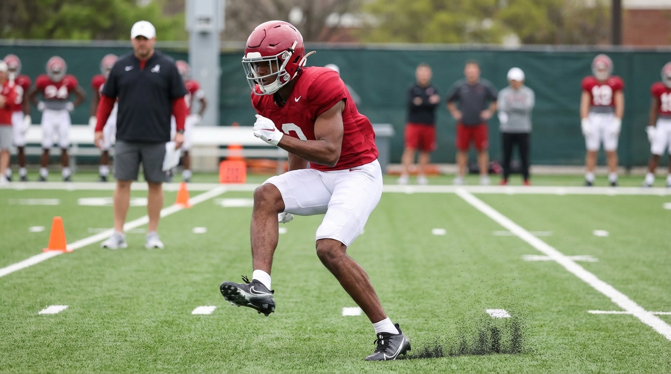 Tyler Henderson running routes on a practice field during spring practice