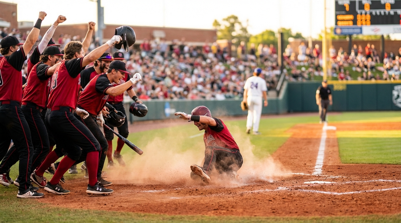 Georgia Bulldogs celebrate sliding into home plate at Texas A&M