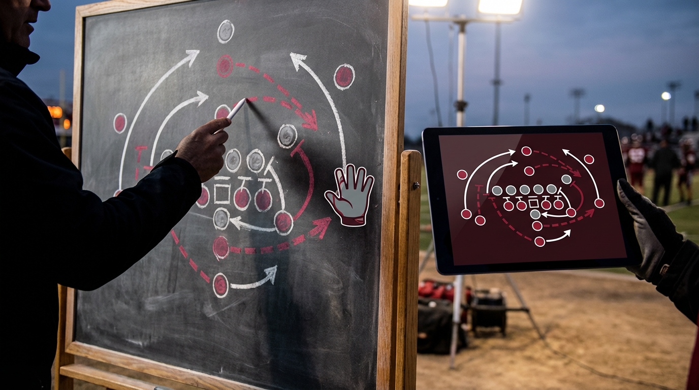 Coach diagramming a football defensive play on a sideline chalkboard and tablet