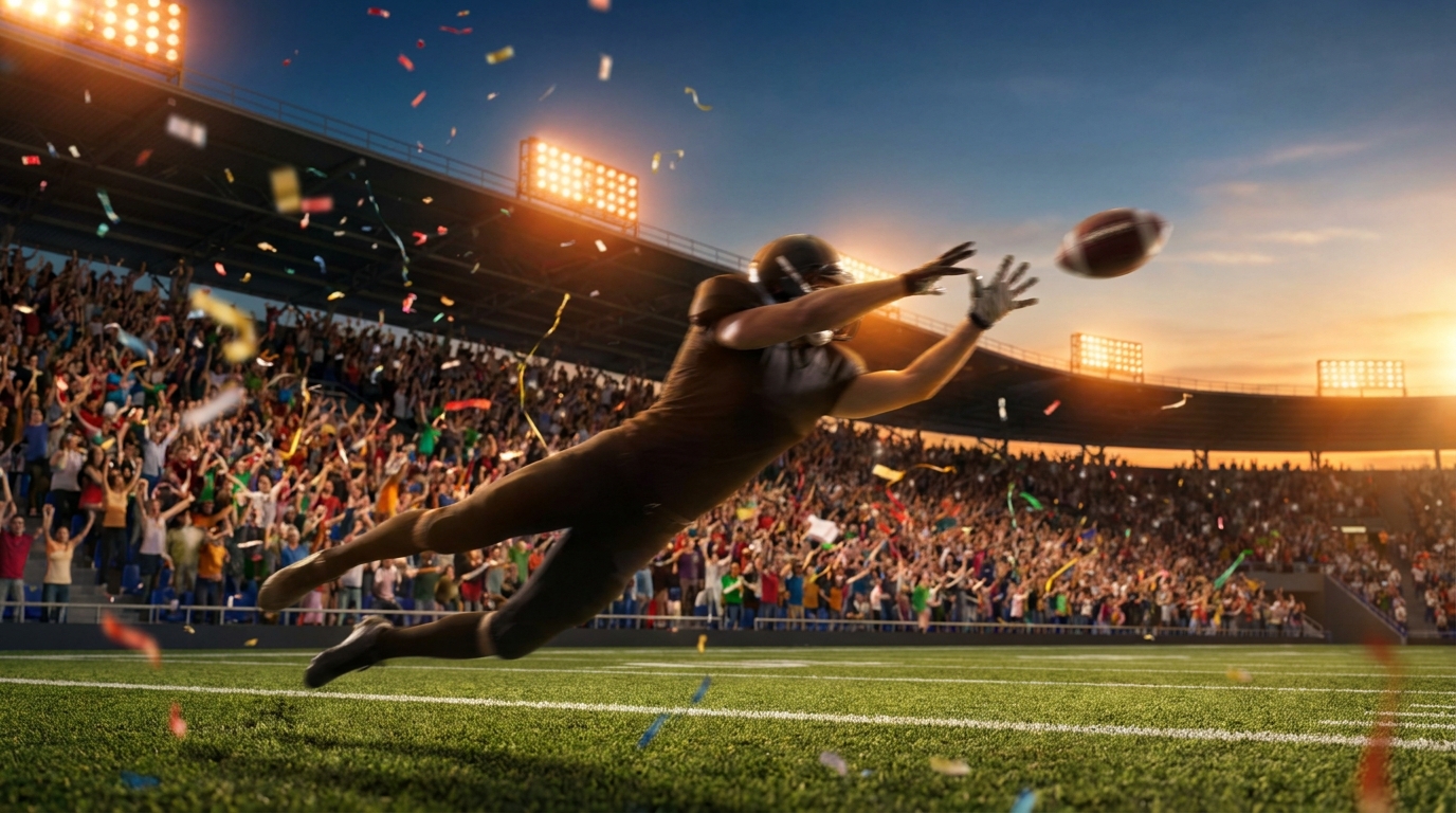 Fans cheering and a player diving to make a dramatic catch in a packed stadium at sunset