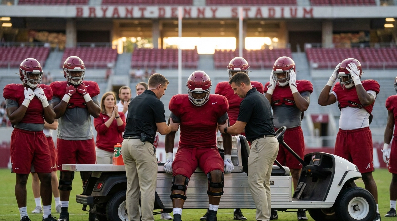 Noah Rogers being escorted off at A-Day spring game, teammates and fans reacting