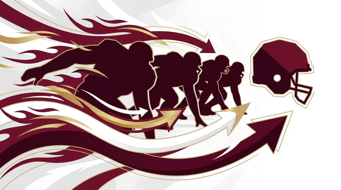 Stylized maroon and white silhouettes of offensive linemen and a helmet with motion arrows representing Texas A&M recruiting momentum