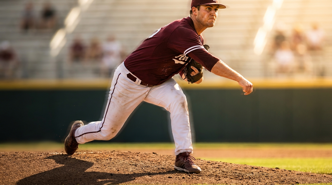 Aggressive college pitcher mid-throw