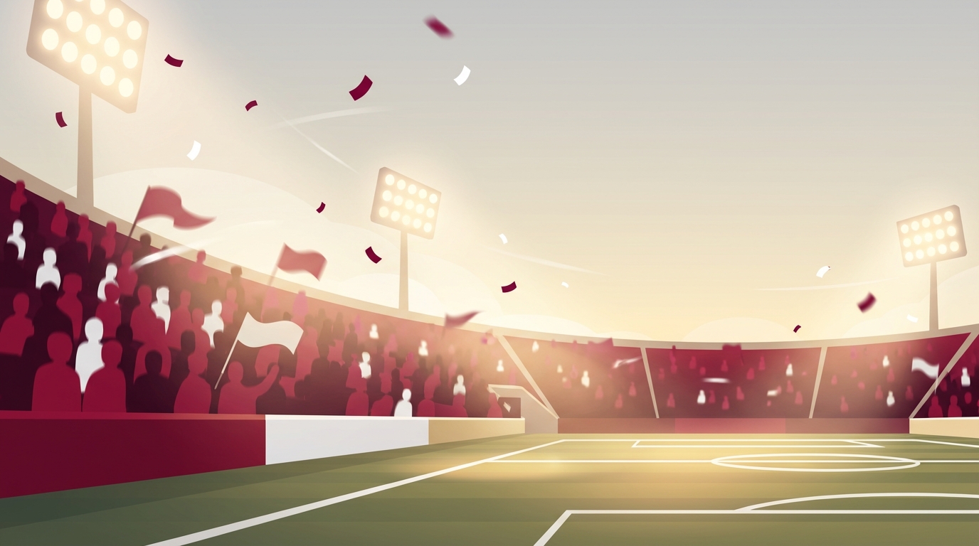 Stylized football field at Saban Field with crimson fan silhouettes and stadium lights evoking anticipation for Alabama A-Day and SEC Media Days