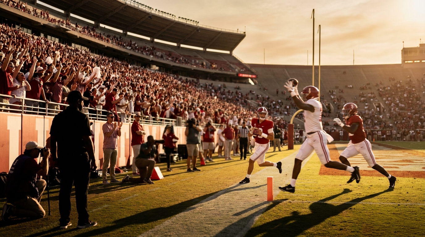 Fans and players at the Alabama A-Day spring game at Bryant-Denny Stadium, low sideline angle with quarterback rolling out, receiver reaching, defender closing in, warm late-afternoon light