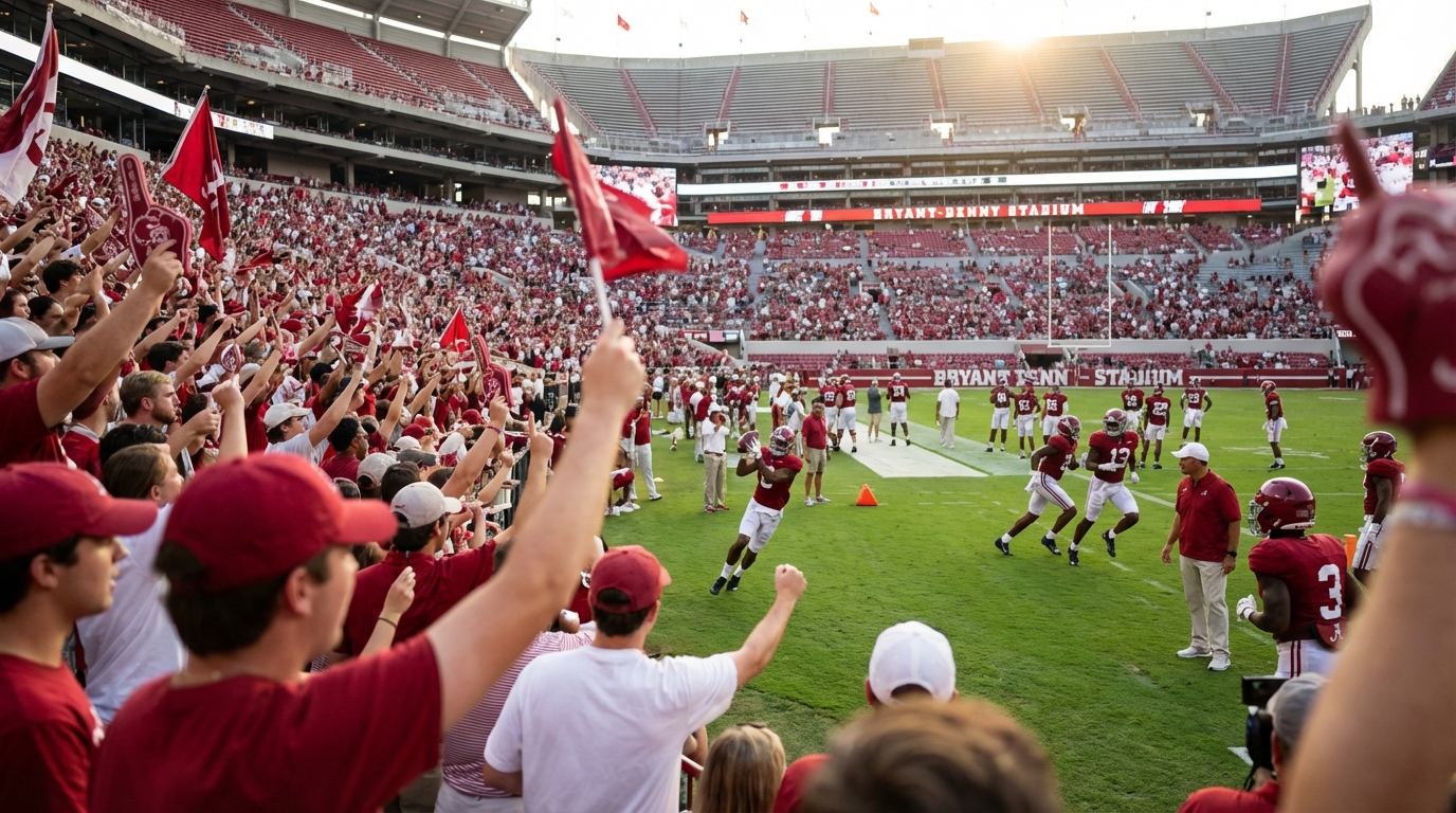 A-Day crowd at Bryant-Denny Stadium with Alabama Crimson Tide players practicing on the field