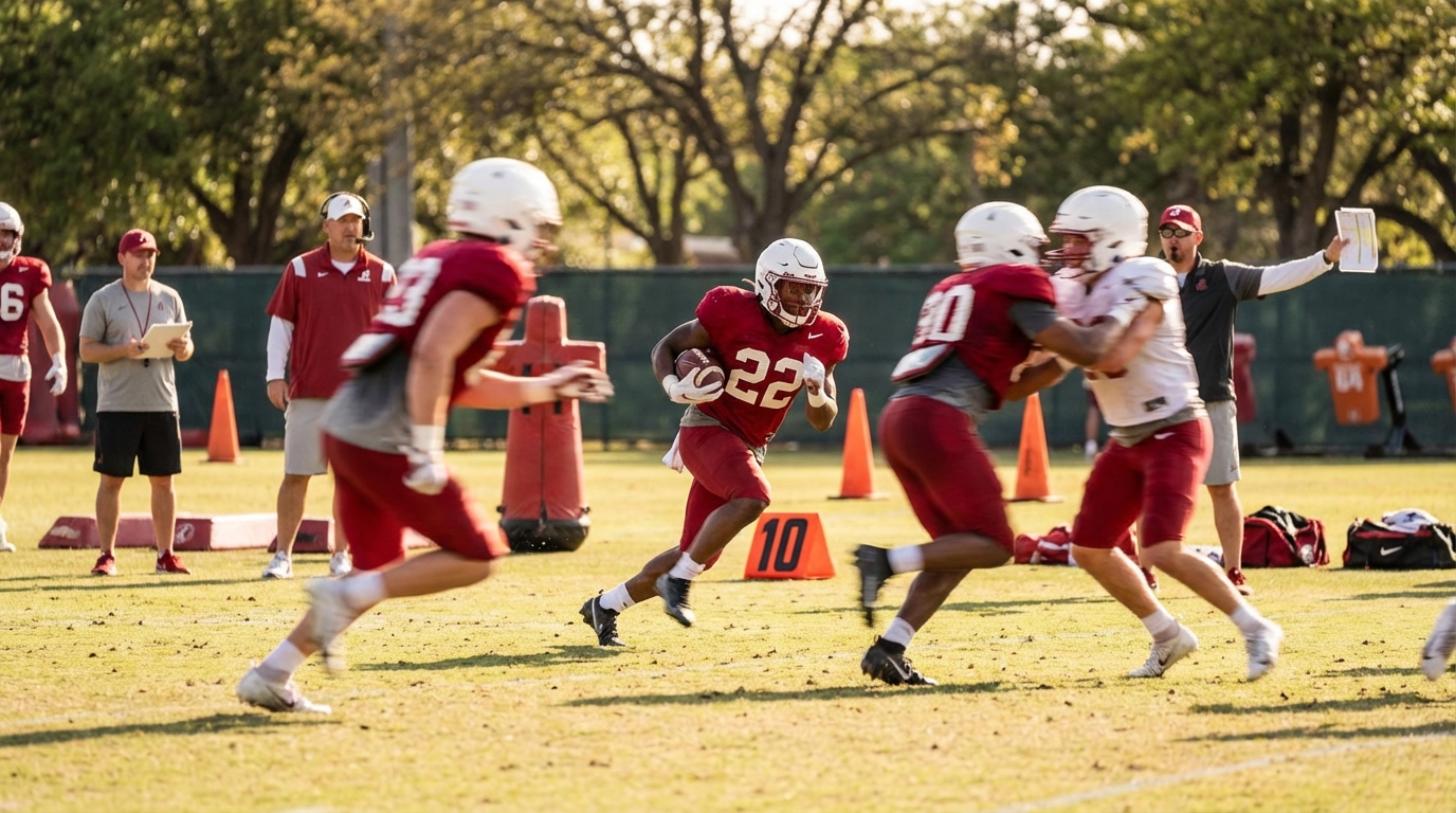 Alabama running backs practicing in crimson jerseys during a spring scrimmage, ball carrier cutting through traffic with motion blur.