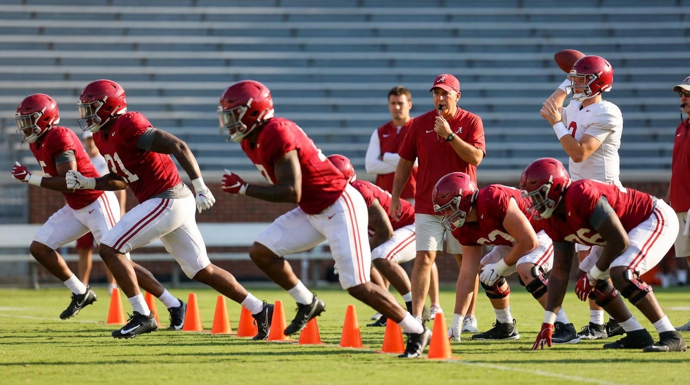 Alabama spring practice players running drills and a coach observing