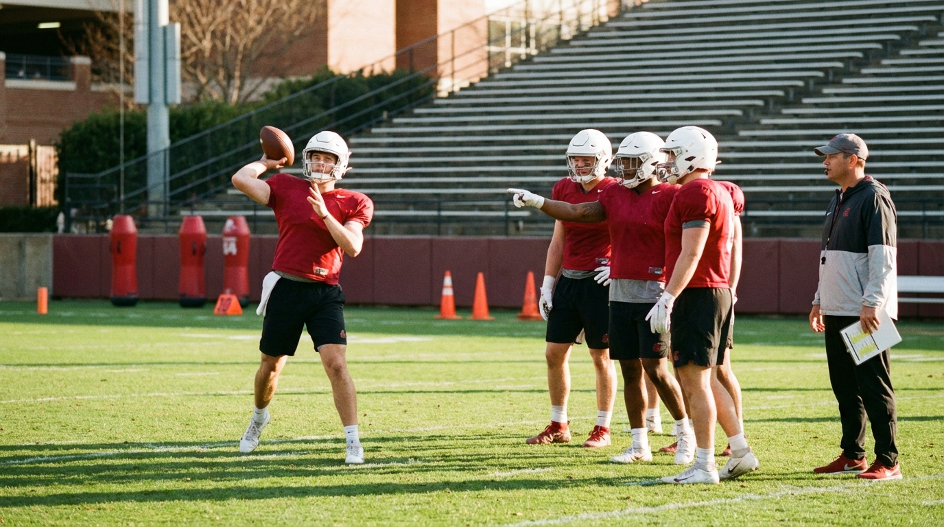 Alabama spring practice quarterback throws while linebackers communicate