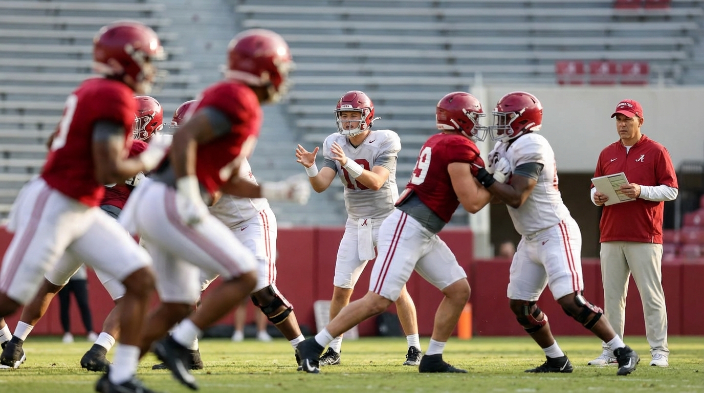 Alabama Crimson Tide spring practice players huddling and quarterbacks leading drills