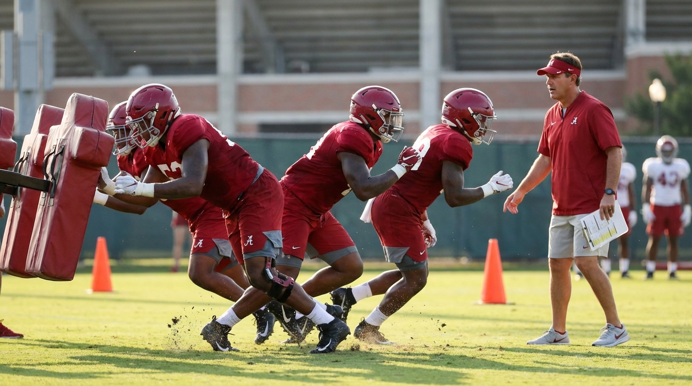 Alabama spring practice players running drills