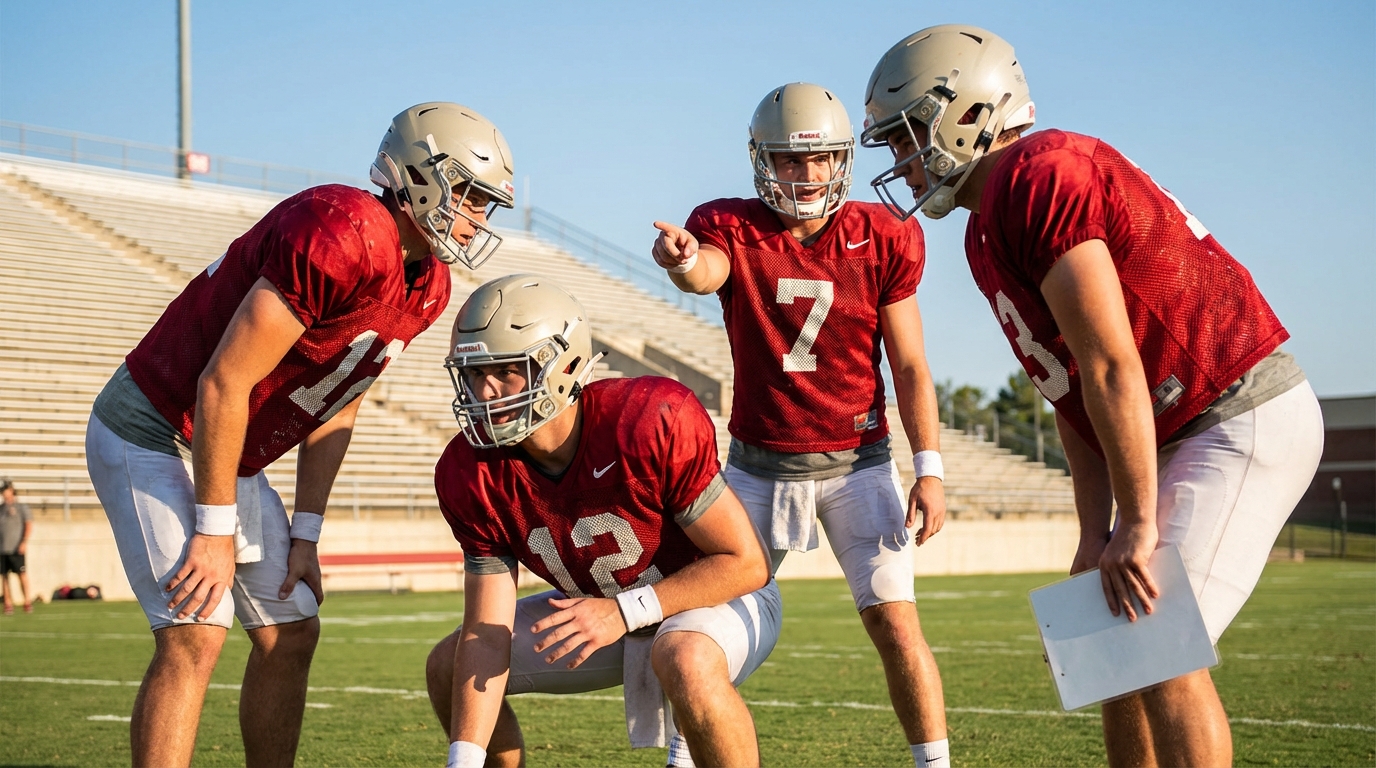 Quarterbacks in a mid-huddle with coach during Alabama spring practice, capturing focus and preparation ahead of A-Day