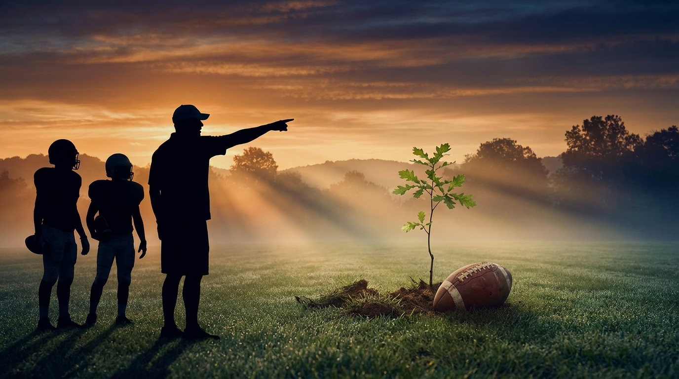 Coach silhouette pointing toward sunrise on a practice field with a small sapling growing beside a football, symbolizing Auburn rebuilding momentum