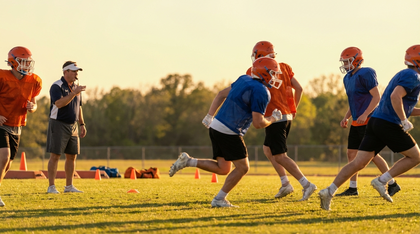 Auburn Tigers spring practice players running drills in orange and blue, energetic golden-hour lighting