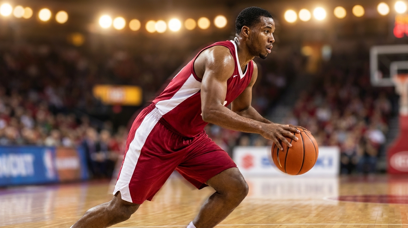 Basketball player dribbling on an indoor court in crimson and white uniform