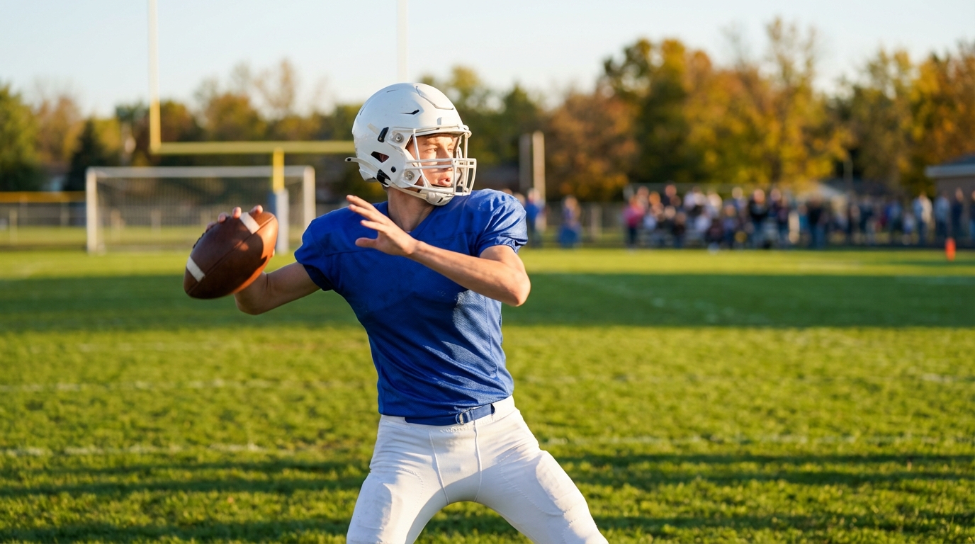 Young quarterback poised to throw on a high school field