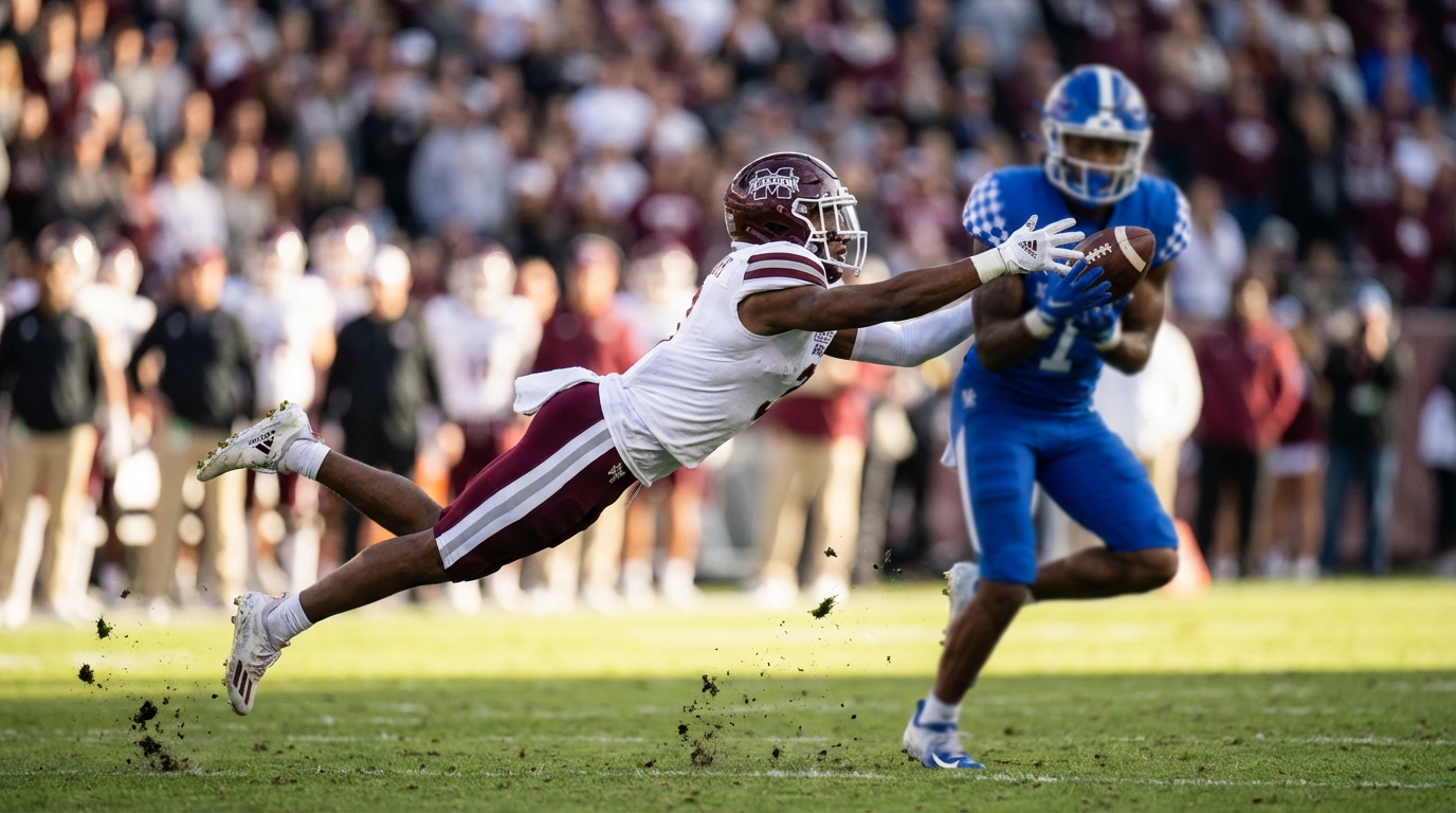 College football defensive back diving to make a play